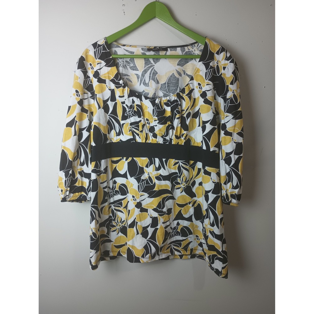 Style & Co Y2K Babydoll Tunic Top XL Yellow Black Floral Empire Waist Cotton